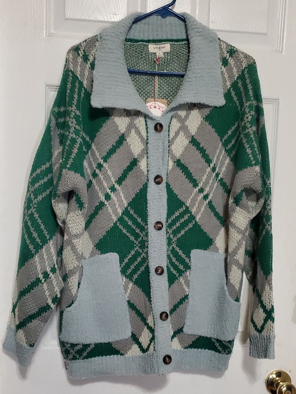 Umgee Green Plaid Button-Front Cardigan with Light Blue Trim